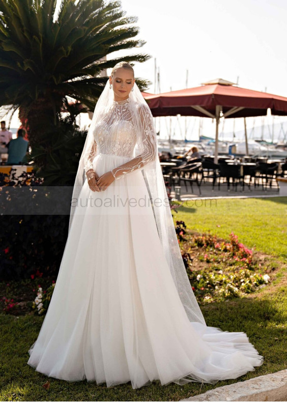 Long Sleeves Beaded Ivory Lace Tulle Sparkling Wedding Dress